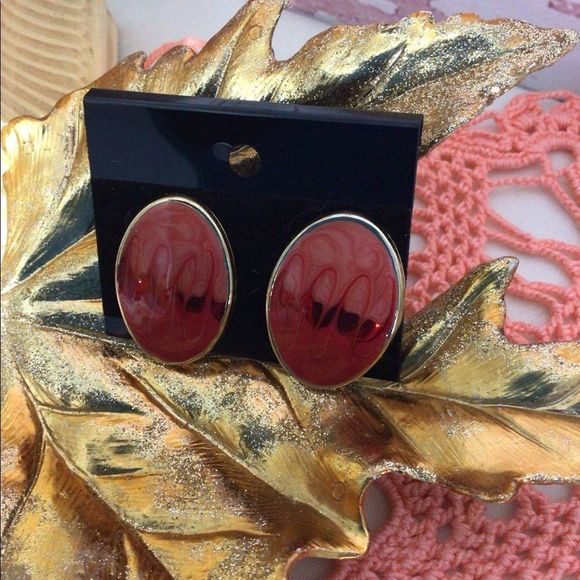 Vintage 80’s Enamel Earrings Gold Metal Base Red Pink Swirls Oval Earrings Post - Picture 6 of 14